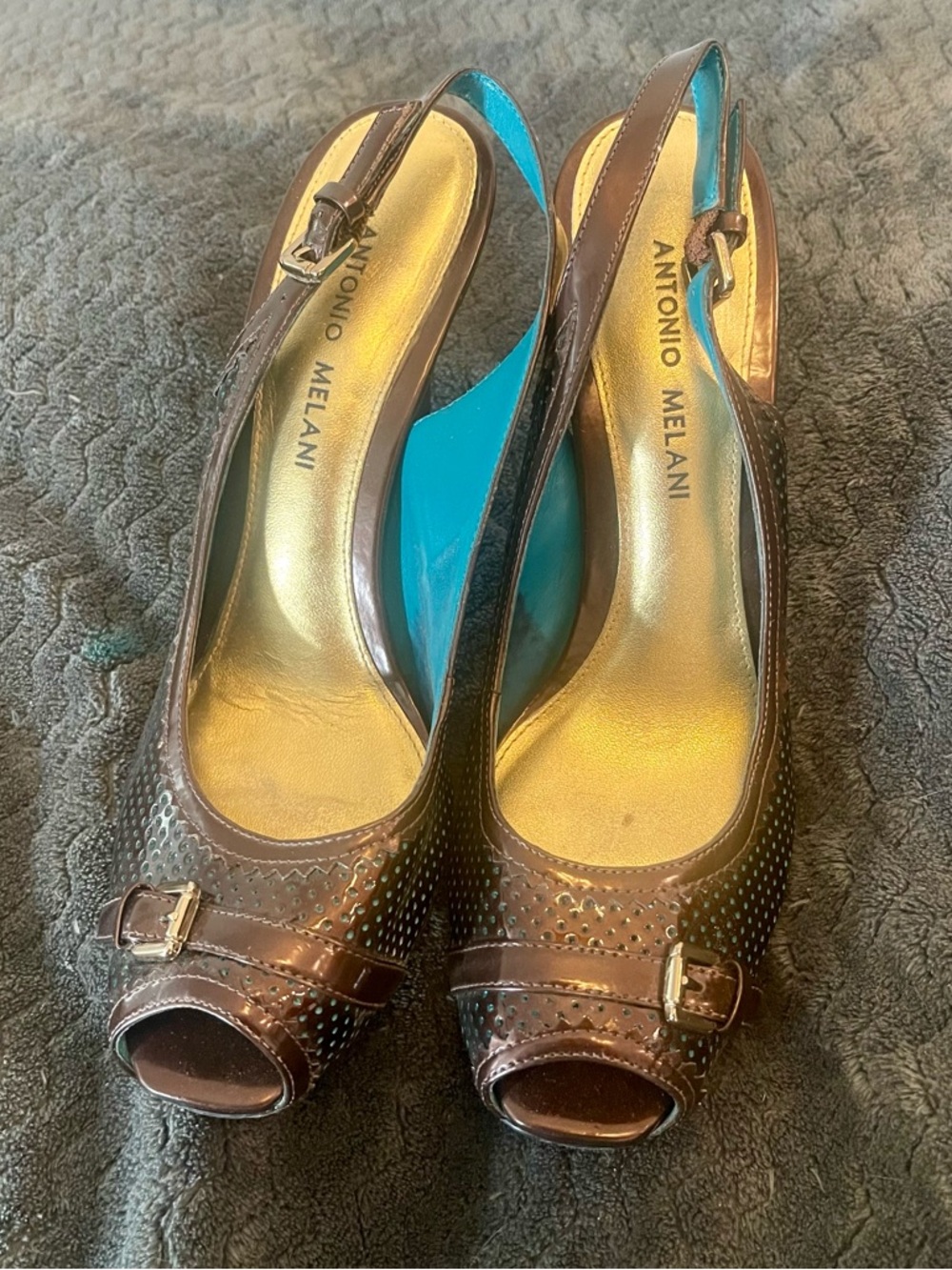ANTONIO MELANI Brown Peep-Toe Slingback Heels with Gold Insole